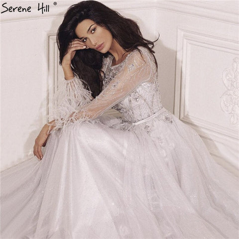 Robe de soirée grise trapèze à perles et plumes, manches longues, luxueuse robe de soirée, Dubaï, LA70472, 2025 