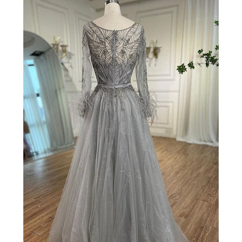 Robe de soirée grise trapèze à perles et plumes, manches longues, luxueuse robe de soirée, Dubaï, LA70472, 2025 