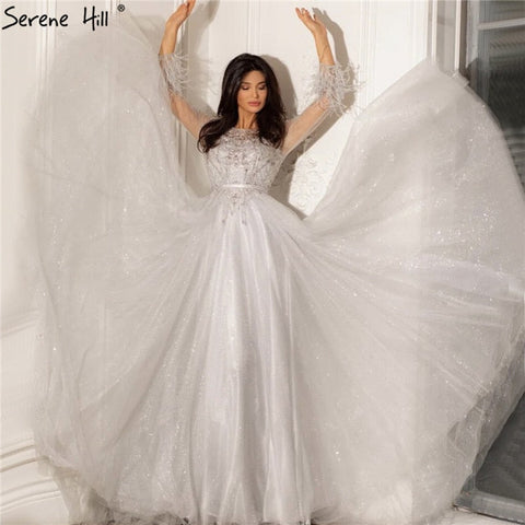 Robe de soirée grise trapèze à perles et plumes, manches longues, luxueuse robe de soirée, Dubaï, LA70472, 2025 