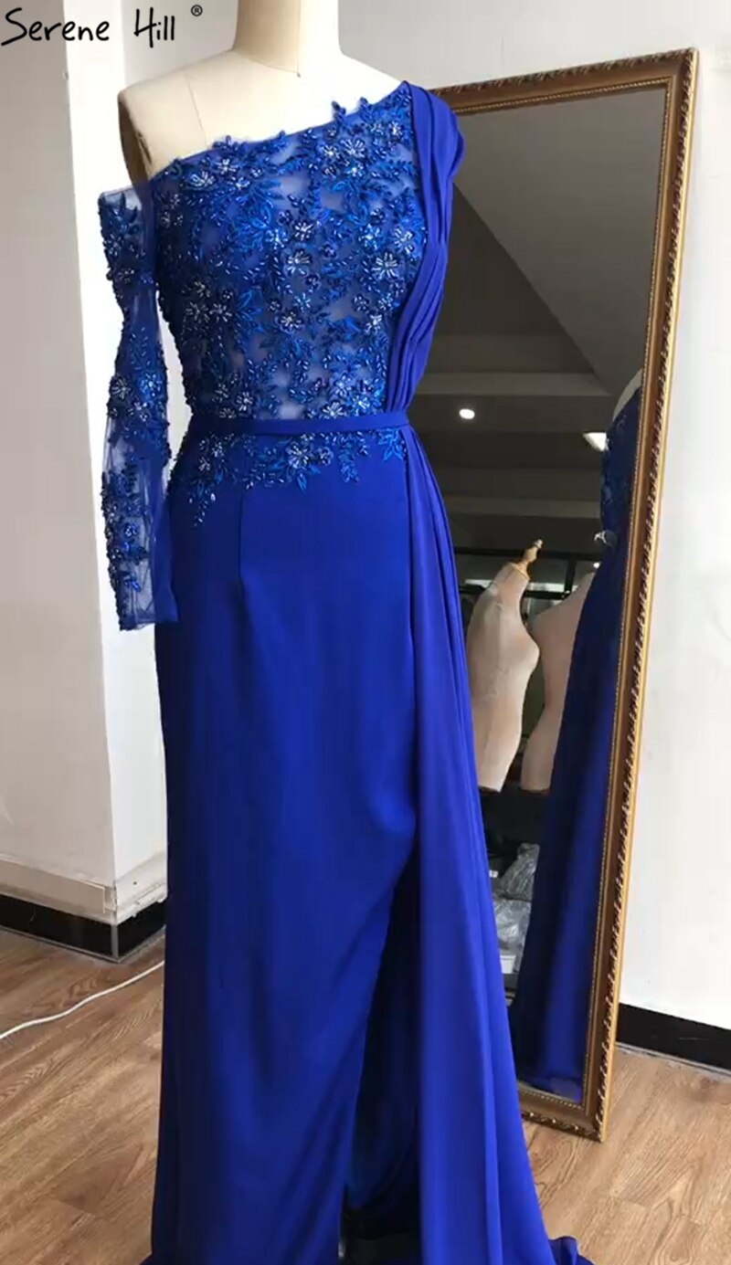 Grey A-Line Luxury High-end Evening Dresses One Shouder Handmade Flowers Pearls Formal Dress 2025 LA70553