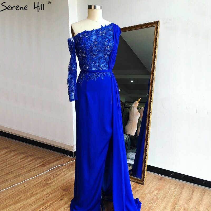 Grey A-Line Luxury High-end Evening Dresses One Shouder Handmade Flowers Pearls Formal Dress 2025 LA70553