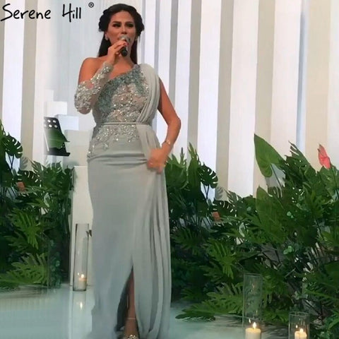 Robe de soirée grise haut de gamme, coupe trapèze, asymétrique, fleurs faites à la main, perles, 2025 LA70553 