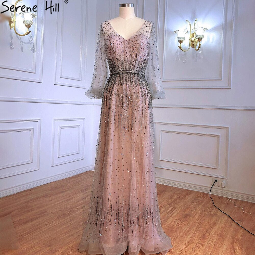 Grey A-Line Luxury Sparkle Dubai Evening Dresses 2025 Beading Long Sleeves Sexy Formal Dress LA70642