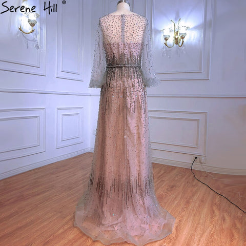 Robe de soirée luxueuse grise à paillettes, coupe trapèze, manches longues, perles, style Dubaï, LA70642 