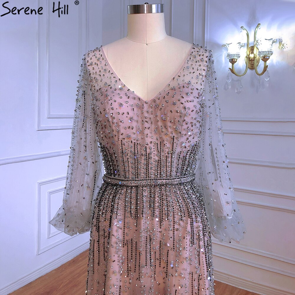 Grey A-Line Luxury Sparkle Dubai Evening Dresses 2025 Beading Long Sleeves Sexy Formal Dress LA70642
