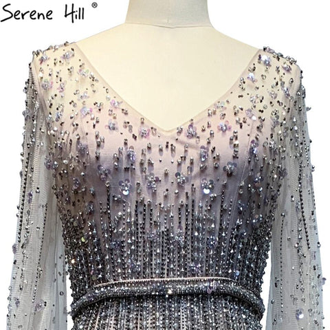 Robe de soirée luxueuse grise à paillettes, coupe trapèze, manches longues, perles, style Dubaï, LA70642 