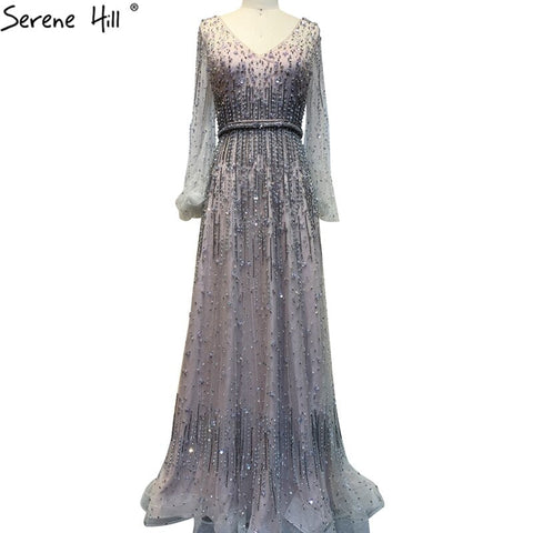 Robe de soirée luxueuse grise à paillettes, coupe trapèze, manches longues, perles, style Dubaï, LA70642 