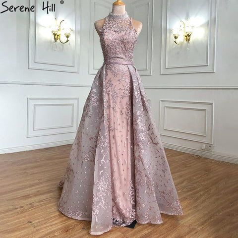 Vestido de noche sexy sin mangas de diseño dubaití gris 2025, bordado de diamantes, estilo sirena, foto real LA70014 