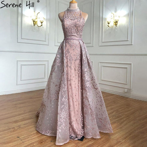 Vestido de noche sexy sin mangas de diseño dubaití gris 2025, bordado de diamantes, estilo sirena, foto real LA70014 