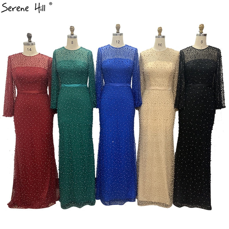 On Sale no return no refundSale Grey Full Pearls Mermaid Evening Dresses 2025 Long Sleeves Sexy Fashion Formal Evening Gowns Plus Size LA6556