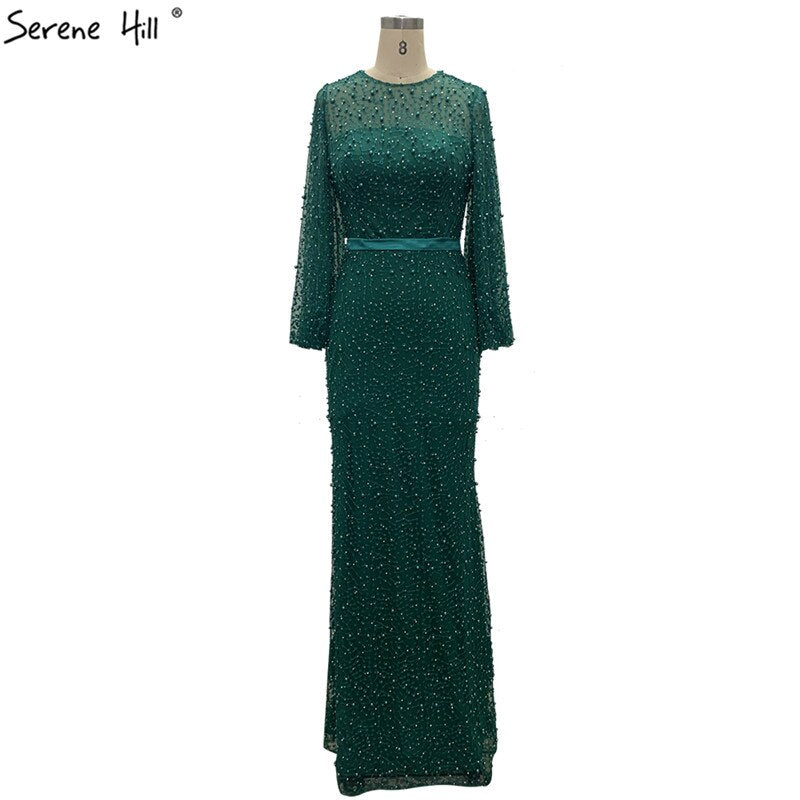 On Sale no return no refundSale Grey Full Pearls Mermaid Evening Dresses 2025 Long Sleeves Sexy Fashion Formal Evening Gowns Plus Size LA6556