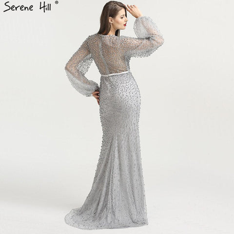 En oferta, sin devoluciones ni reembolsos. Vestidos de noche de sirena con perlas grises, manga larga, estilo sexy y elegante, tallas grandes, modelo LA6556. 