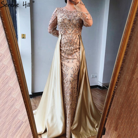 Robe de soirée luxueuse et sexy grise à manches longues, style sirène, paillettes, perles, col rond, photo réelle, LA70174, 2025 