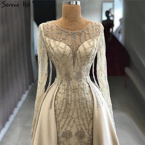 Robe de soirée luxueuse et sexy grise à manches longues, style sirène, paillettes, perles, col rond, photo réelle, LA70174, 2025 