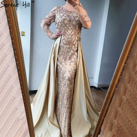 Robe de soirée luxueuse et sexy grise à manches longues, style sirène, paillettes, perles, col rond, photo réelle, LA70174, 2025 