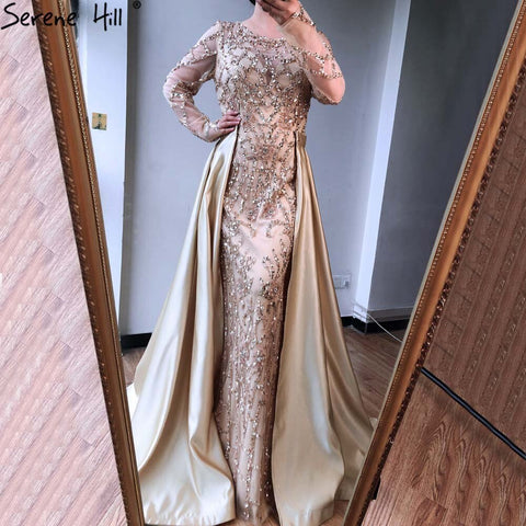 Robe de soirée luxueuse et sexy grise à manches longues, style sirène, paillettes, perles, col rond, photo réelle, LA70174, 2025 
