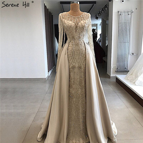 Robe de soirée luxueuse et sexy grise à manches longues, style sirène, paillettes, perles, col rond, photo réelle, LA70174, 2025 