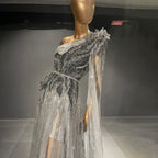 Grey Luxury Beaded A-Line Evening Dresses Gowns 2025 One Shoulder Cape Sleeve For Women Party LA71626