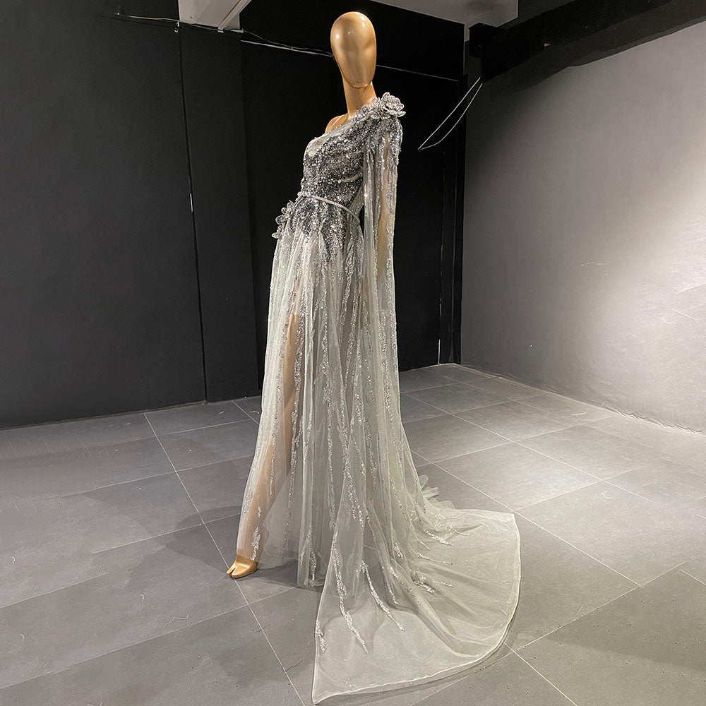 Grey Luxury Beaded A-Line Evening Dresses Gowns 2025 One Shoulder Cape Sleeve For Women Party LA71626
