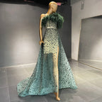 Grey Luxury Beaded A-Line Evening Dresses Gowns 2025 One Shoulder Cape Sleeve For Women Party LA71626
