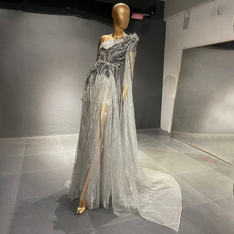 Vestidos de noche grises de lujo con cuentas, corte en A, estilo capa, con un solo hombro, para mujer, modelo LA71626 