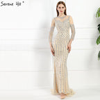 Grey Luxury Long Sleeves Sparkly Evening Dresses Mermaid Sexy Diamond Beading Formal Dress 2025 Real Photo LA6591