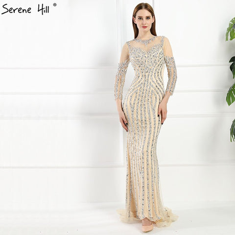 Robe de soirée sirène grise luxueuse à manches longues et paillettes, tenue de soirée sexy ornée de diamants et de perles, photo réelle LA6591, 2025 