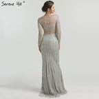 Grey Luxury Long Sleeves Sparkly Evening Dresses Mermaid Sexy Diamond Beading Formal Dress 2025 Real Photo LA6591