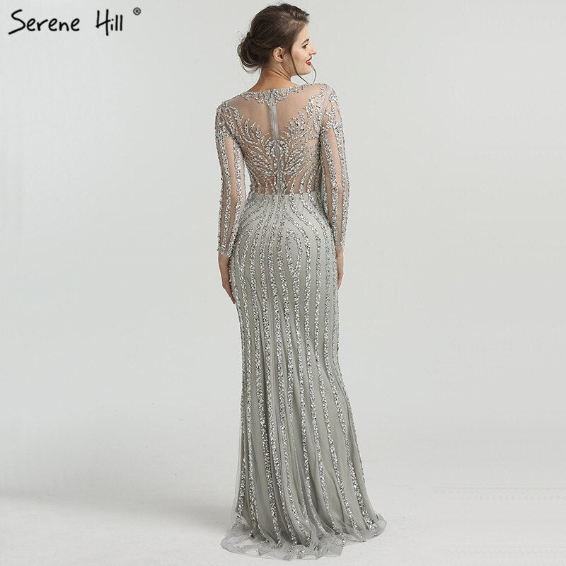 Grey Luxury Long Sleeves Sparkly Evening Dresses Mermaid Sexy Diamond Beading Formal Dress 2025 Real Photo LA6591