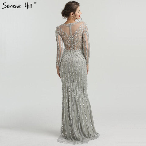 Robe de soirée sirène grise luxueuse à manches longues et paillettes, tenue de soirée sexy ornée de diamants et de perles, photo réelle LA6591, 2025 