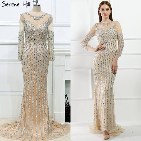 Robe de soirée sirène grise luxueuse à manches longues et paillettes, tenue de soirée sexy ornée de diamants et de perles, photo réelle LA6591, 2025 
