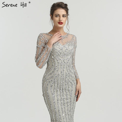 Robe de soirée sirène grise luxueuse à manches longues et paillettes, tenue de soirée sexy ornée de diamants et de perles, photo réelle LA6591, 2025 
