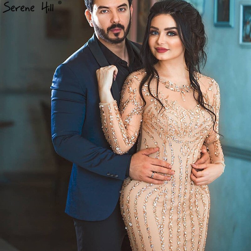 Grey Luxury Long Sleeves Sparkly Evening Dresses Mermaid Sexy Diamond Beading Formal Dress 2025 Real Photo LA6591