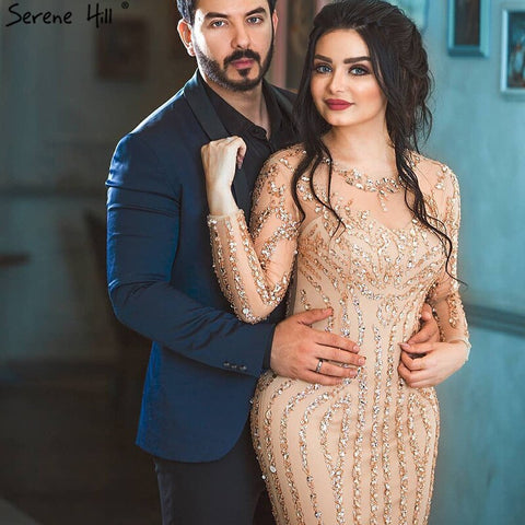 Robe de soirée sirène grise luxueuse à manches longues et paillettes, tenue de soirée sexy ornée de diamants et de perles, photo réelle LA6591, 2025 