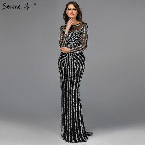 Robe de soirée sirène grise luxueuse à manches longues et paillettes, tenue de soirée sexy ornée de diamants et de perles, photo réelle LA6591, 2025 