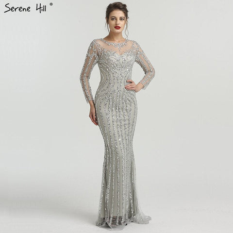 Robe de soirée sirène grise luxueuse à manches longues et paillettes, tenue de soirée sexy ornée de diamants et de perles, photo réelle LA6591, 2025 