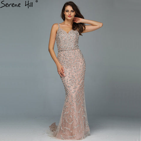 Vestido de noche de sirena sexy de lujo gris 2025 con cuentas de diamantes y hombros descubiertos. Foto real LA60729