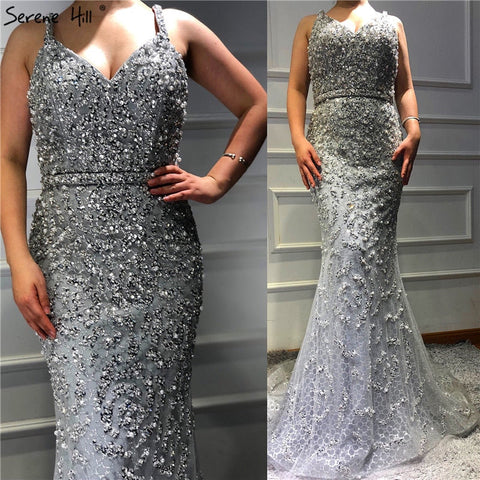 Vestido de noche de sirena sexy de lujo gris 2025 con cuentas de diamantes y hombros descubiertos. Foto real LA60729