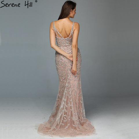 Vestido de noche de sirena sexy de lujo gris 2025 con cuentas de diamantes y hombros descubiertos. Foto real LA60729