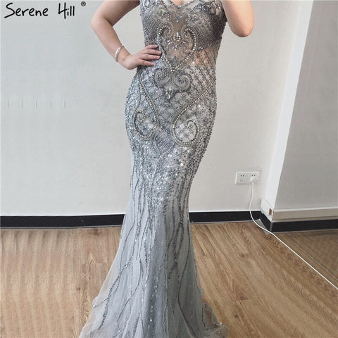 Robe de soirée sirène luxueuse grise à col en V, modèle 2025, robe de soirée sexy à diamants, modèle LA70063 