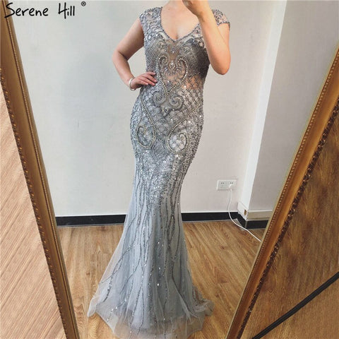 Robe de soirée sirène luxueuse grise à col en V, modèle 2025, robe de soirée sexy à diamants, modèle LA70063 