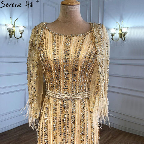 Vestido de noche gris sirena de manga larga estilo Dubai, lujoso vestido formal con cuello redondo y pedrería de diamantes 2025 LA70503 