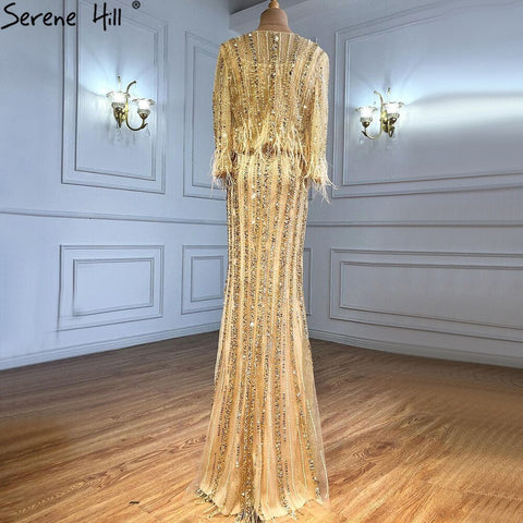 Vestido de noche gris sirena de manga larga estilo Dubai, lujoso vestido formal con cuello redondo y pedrería de diamantes 2025 LA70503 