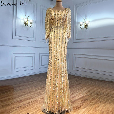 Vestido de noche gris sirena de manga larga estilo Dubai, lujoso vestido formal con cuello redondo y pedrería de diamantes 2025 LA70503 