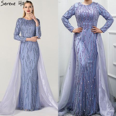 Vestidos de noche de lujo estilo sirena gris, de diseñador de Dubái, con lentejuelas y pedrería, mangas largas, modelo LA6302 (2025) 
