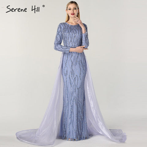 Vestidos de noche de lujo estilo sirena gris, de diseñador de Dubái, con lentejuelas y pedrería, mangas largas, modelo LA6302 (2025) 