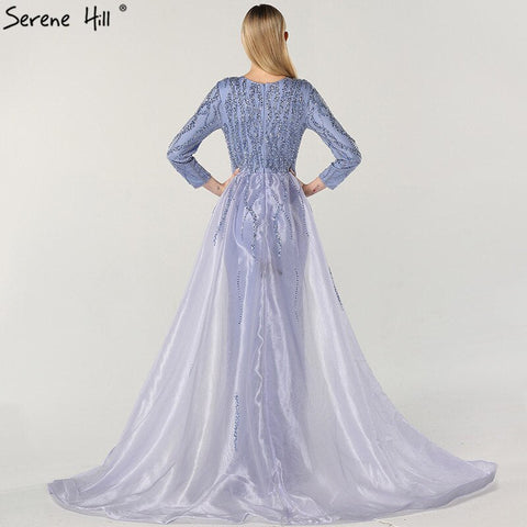 Vestidos de noche de lujo estilo sirena gris, de diseñador de Dubái, con lentejuelas y pedrería, mangas largas, modelo LA6302 (2025) 