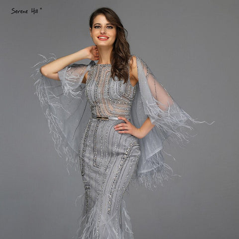 On Sale no return no refundSale Grey O-Neck Feathers Crystal Evening Dresses Dubai Design Sleeveless Luxury Sexy Evening Gowns 2025 LA70153