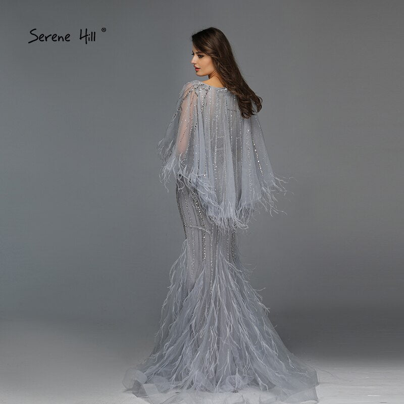 On Sale no return no refundSale Grey O-Neck Feathers Crystal Evening Dresses Dubai Design Sleeveless Luxury Sexy Evening Gowns 2025 LA70153