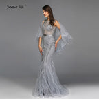 On Sale no return no refundSale Grey O-Neck Feathers Crystal Evening Dresses Dubai Design Sleeveless Luxury Sexy Evening Gowns 2025 LA70153